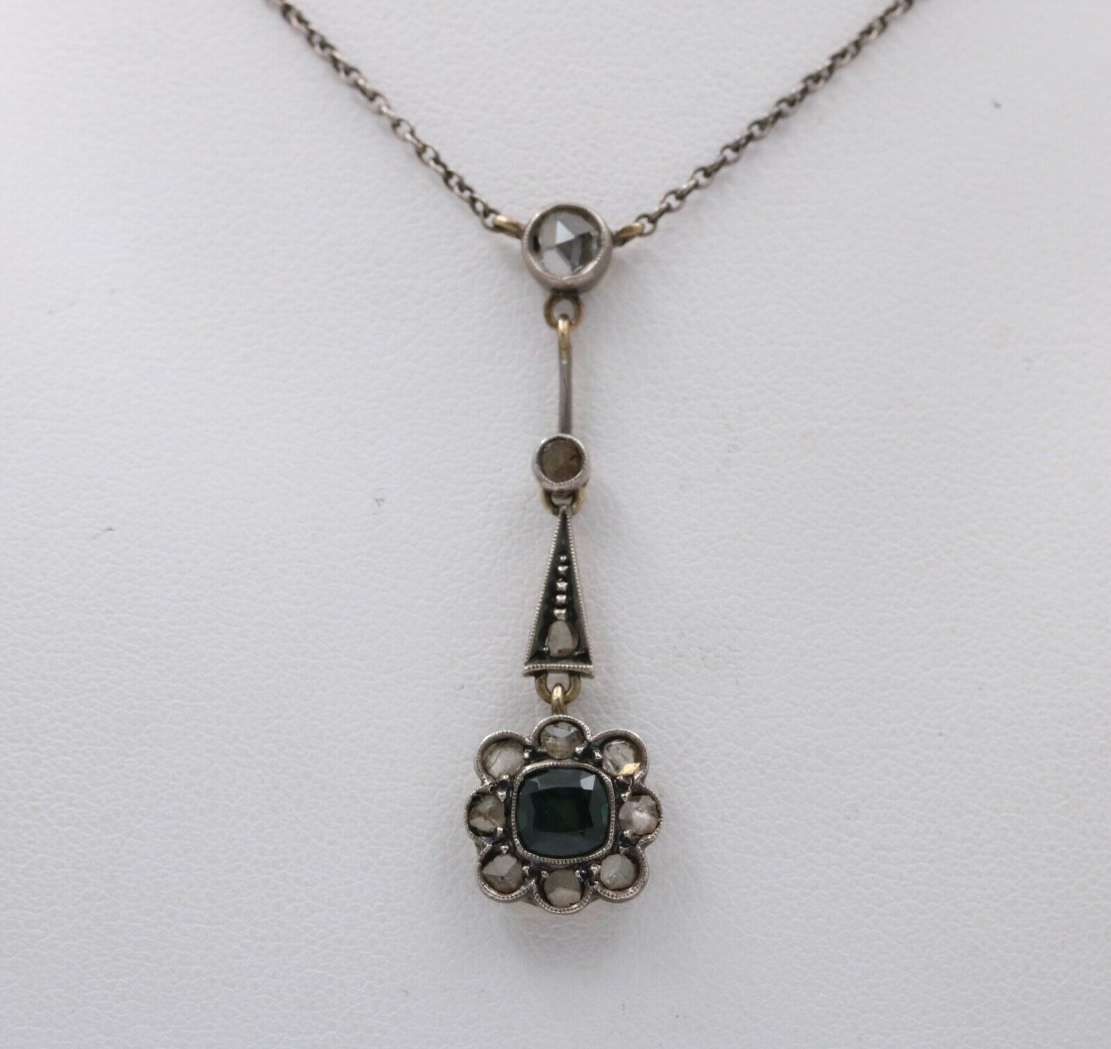 Edwardian 14K Gold & Silver Sapphire, Rose Cut Diamond Floral Lavalier Necklace