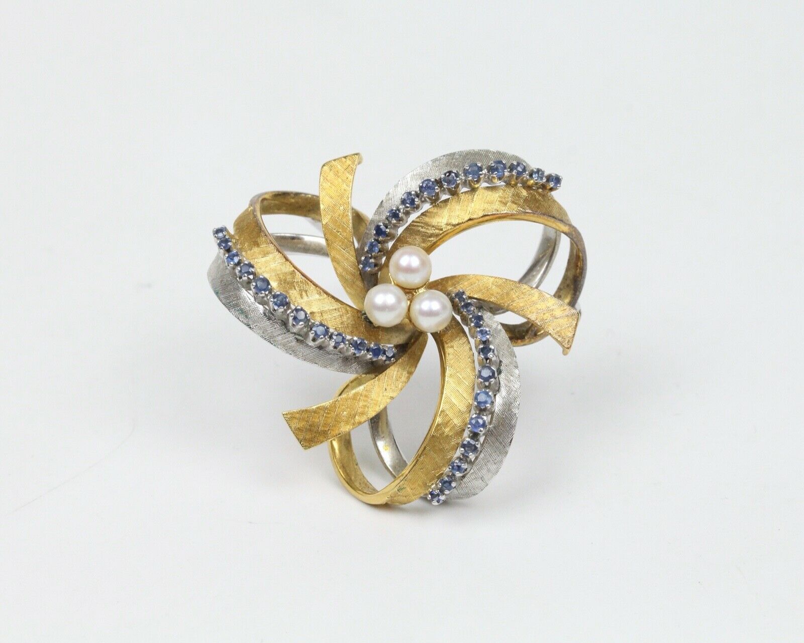 Vintage 18K White Yellow Gold Pearls Sapphires Brooch