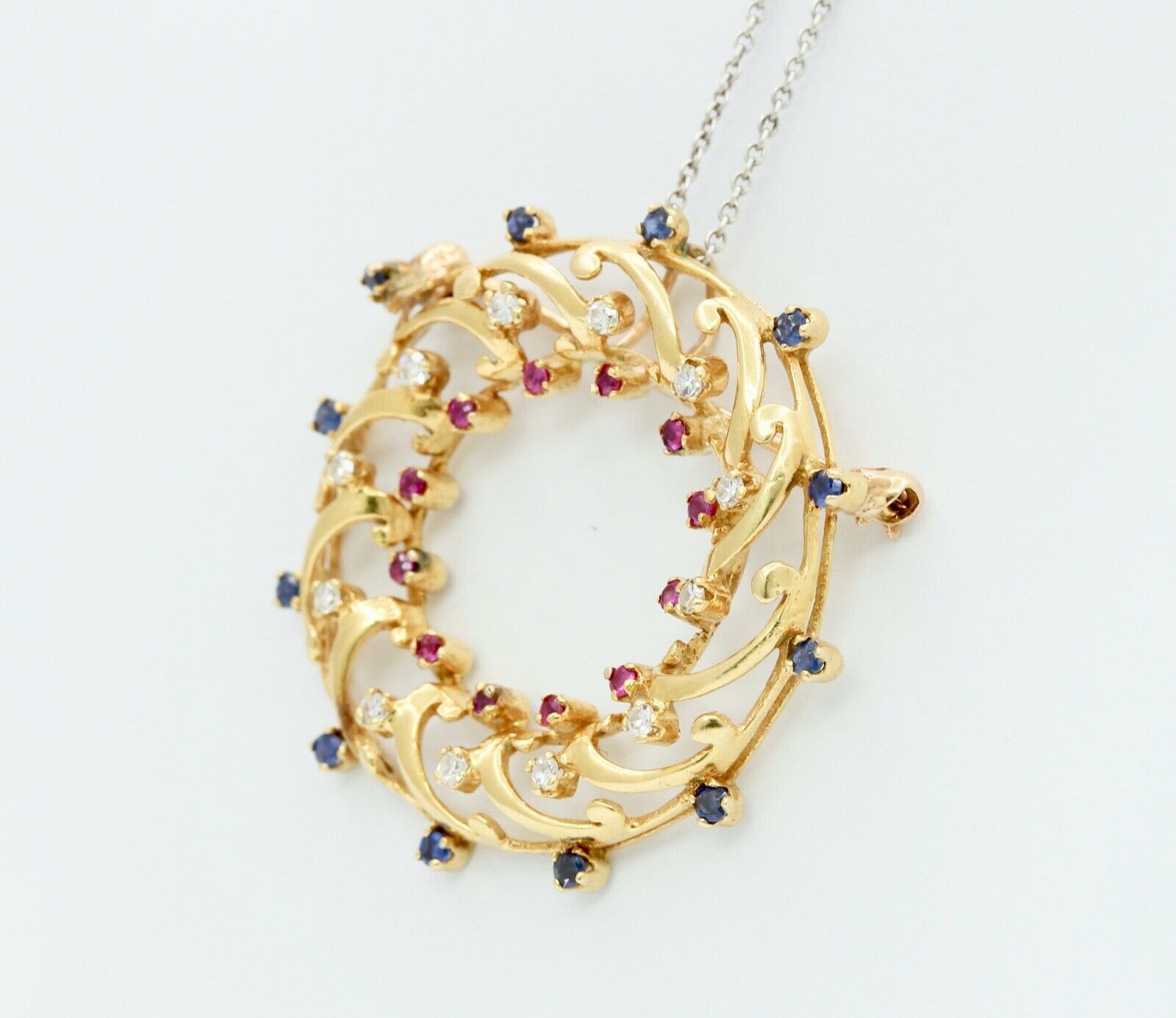 Wreath Brooch Pendant 18K Yellow Gold Diamonds Rubies Sapphires