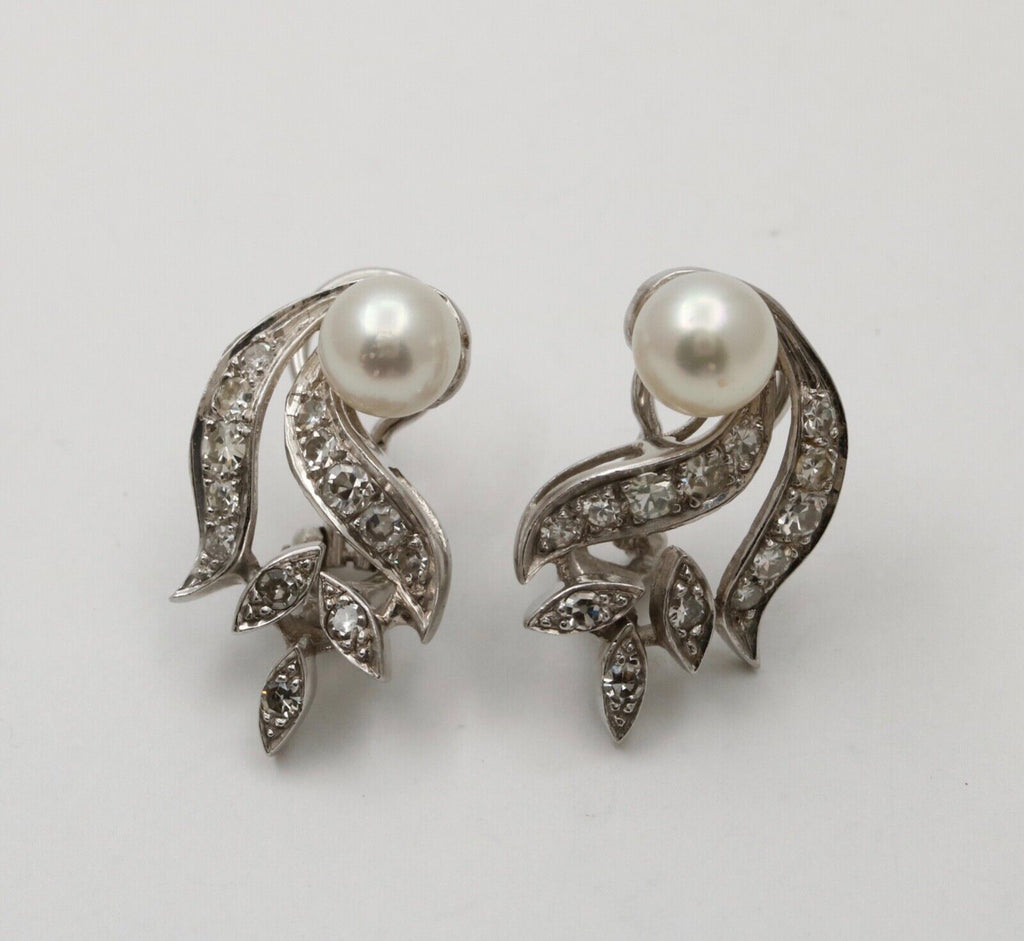 Elegant Vintage 14K Gold Pearl and Diamond Clip Earrings.