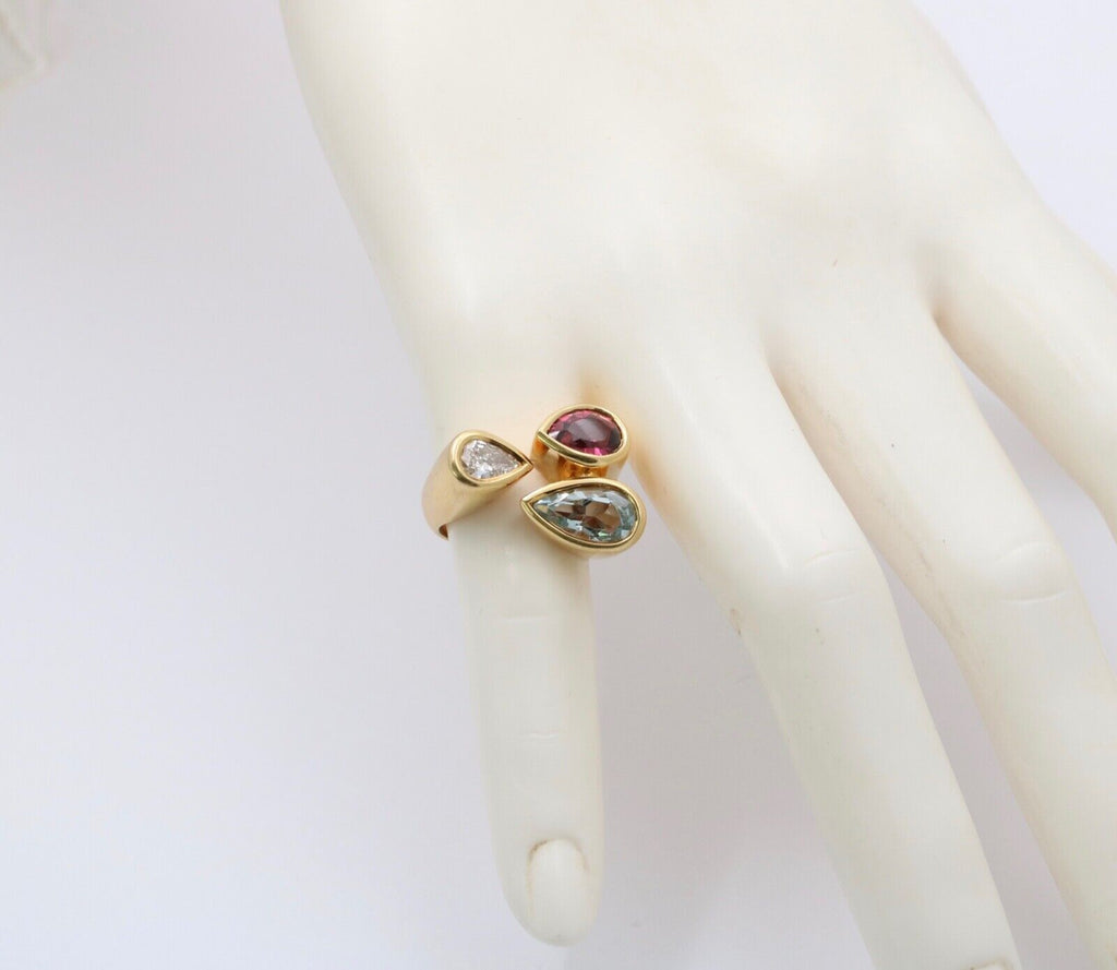 Vintage Geometric Diamond Aquamarine Tourmaline 18K Yellow Gold Ring