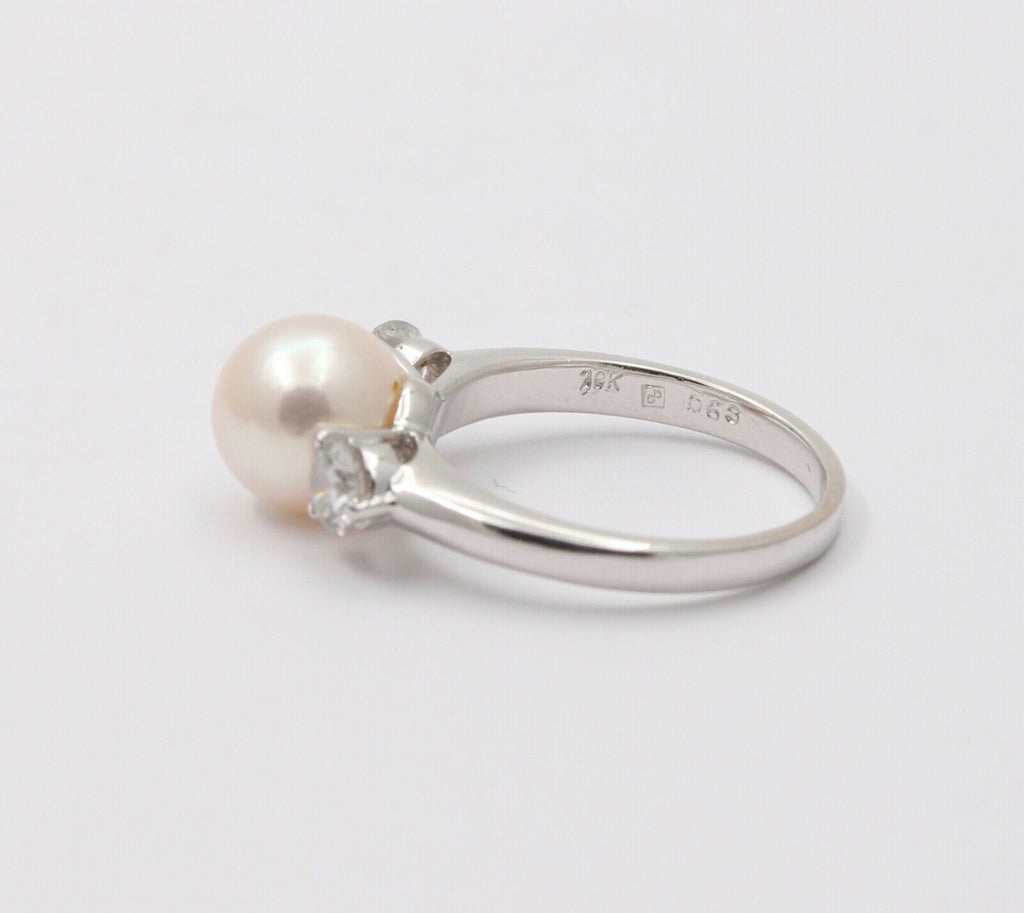 Classic Vintage 18K White Gold Akoya Pearl Diamond Ring,