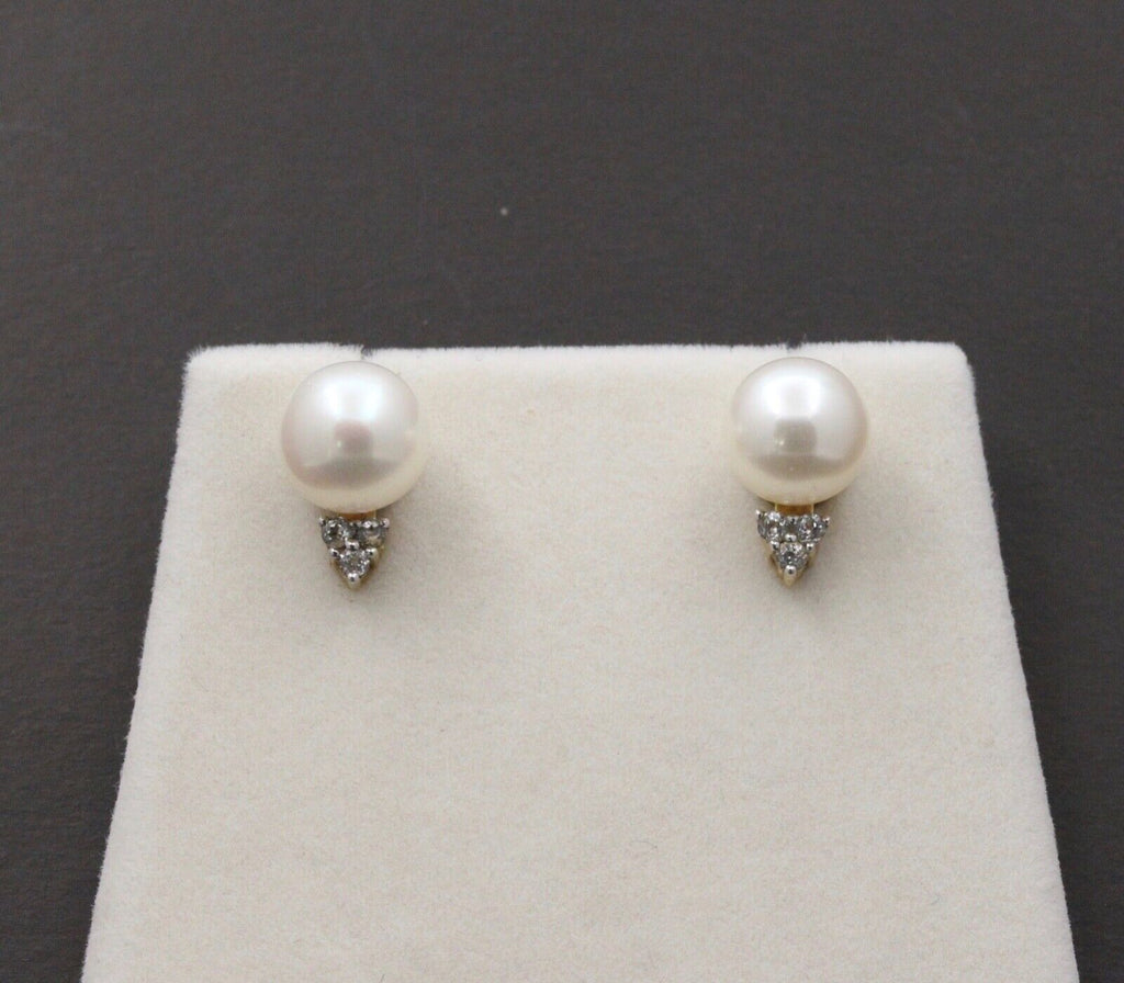 Classic 10K Yellow Gold 9.8 mm Pearl & Diamond Studs Earrings,