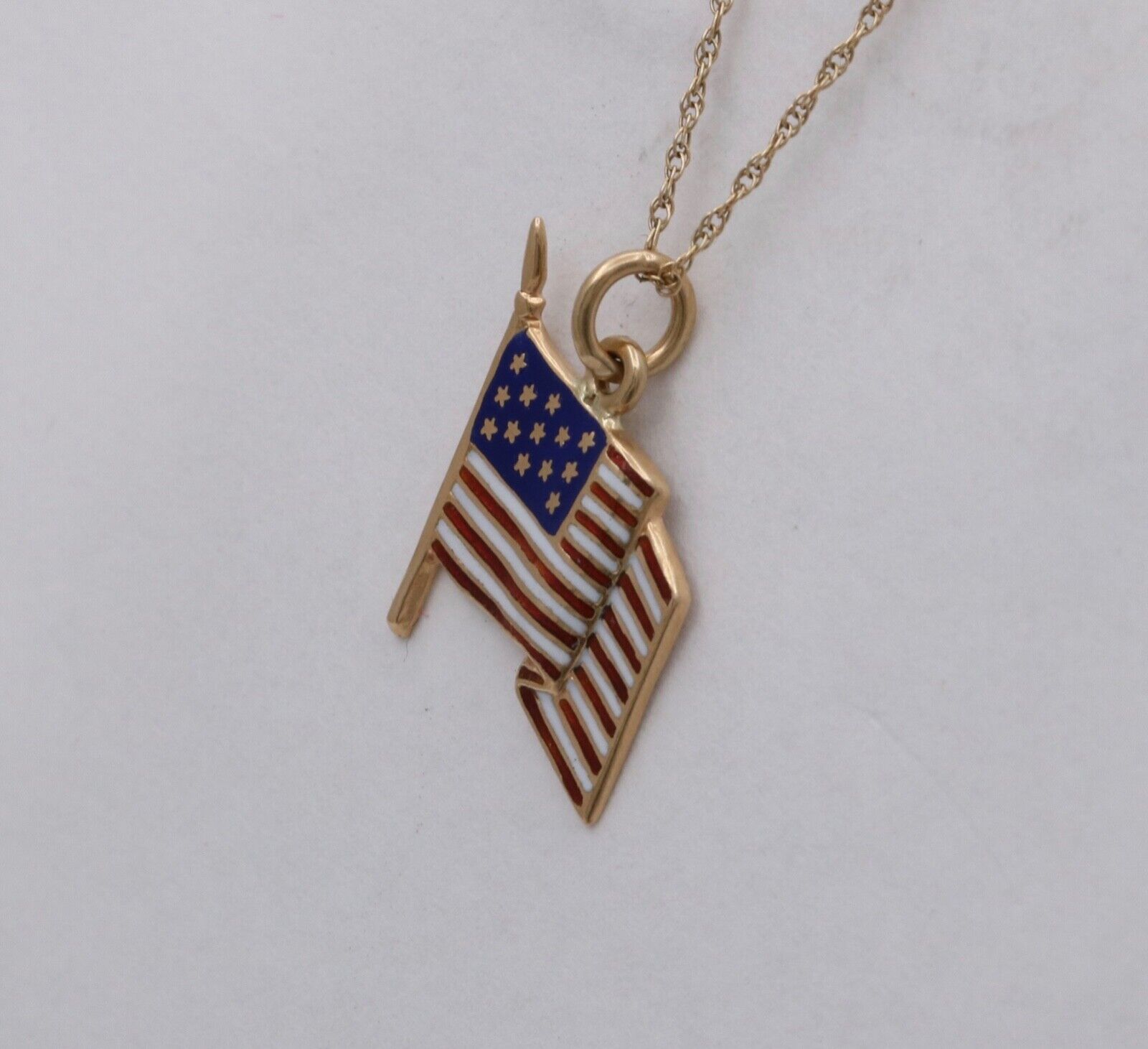 Vintage American Flag 14K Yellow Gold Enamel Pendant Charm