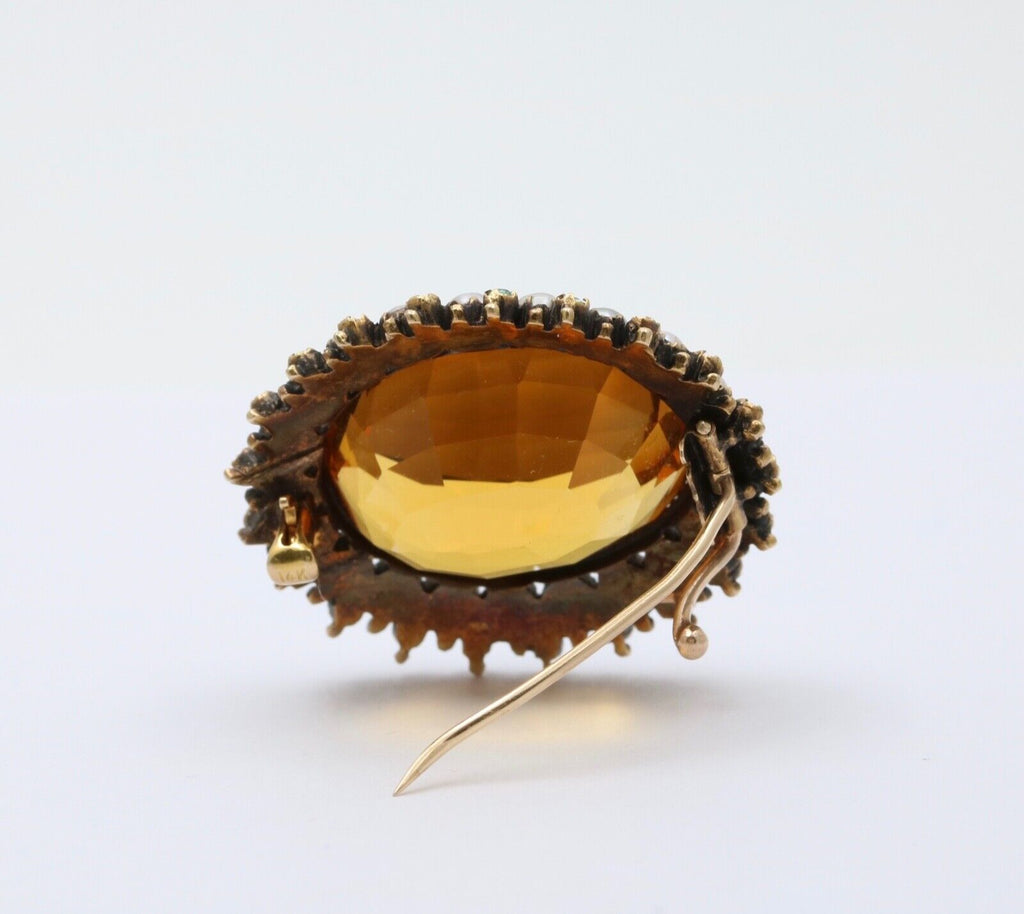 Victorian Madeira Citrine, Pearl Emerald 14K Gold Brooch, Antique Brooch.