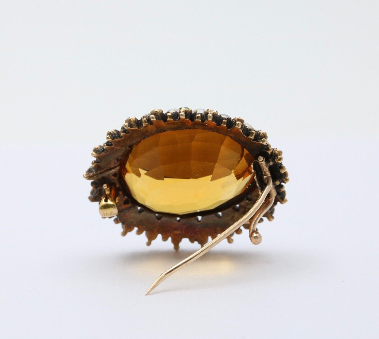 Victorian Madeira Citrine, Pearl Emerald 14K Gold Brooch, Antique Brooch.