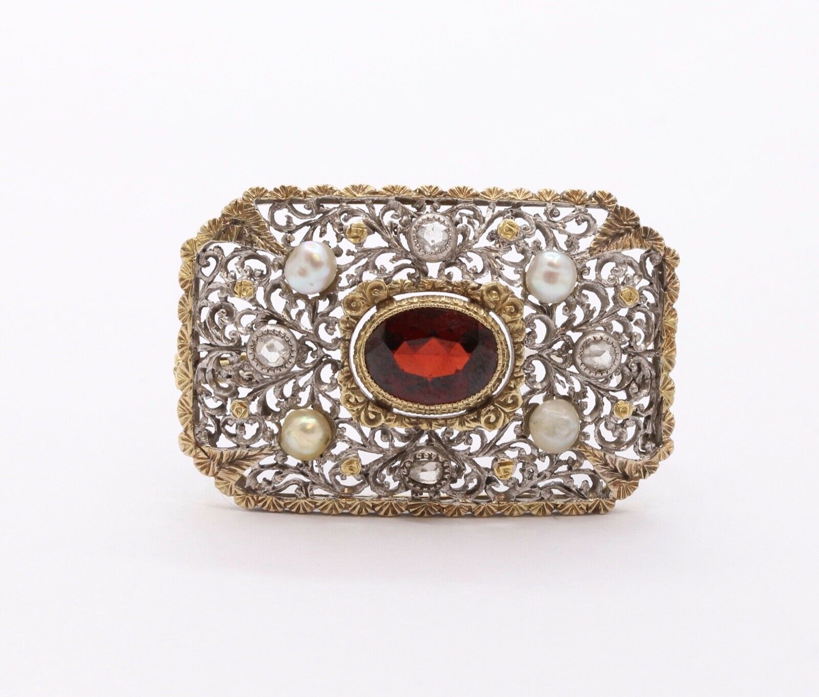 Victorian Garnet Old Mine Diamonds 18K White Yellow Gold Pearls Brooch Pin
