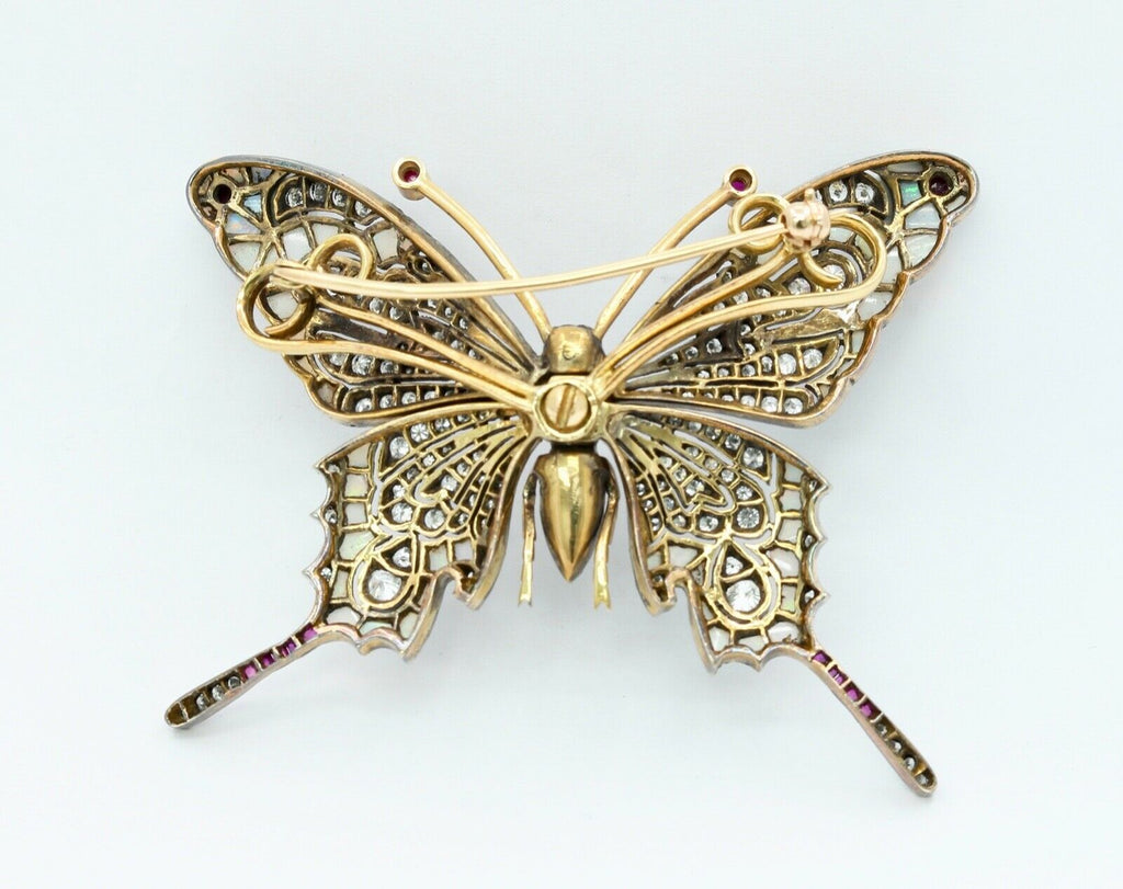 Beautiful Vintage Butterfly Brooch 14K Sterling Silver Diamonds Rubies Opals