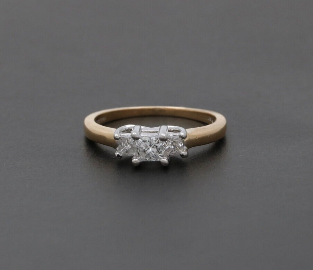 Vintage 14K Gold & Platinum Princess Cut Three Stone Diamonds Engagement Ring, R