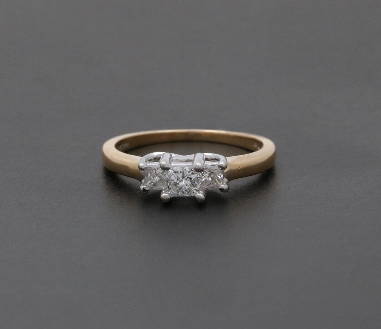 Vintage 14K Gold & Platinum Princess Cut Three Stone Diamonds Engagement Ring, R