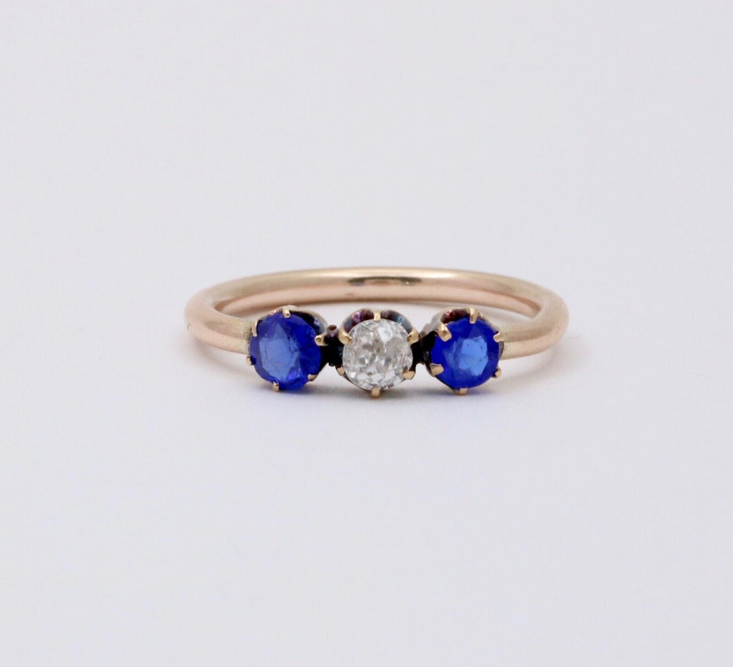 Victorian Old European Diamond Synthetic Sapphires 10K Yellow Gold Ring