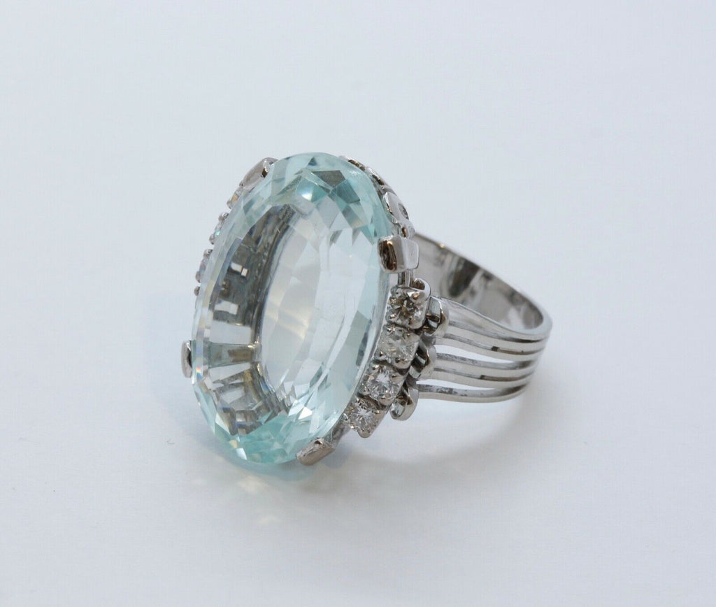 Vintage Aquamarine Diamonds 14K White Gold Ring