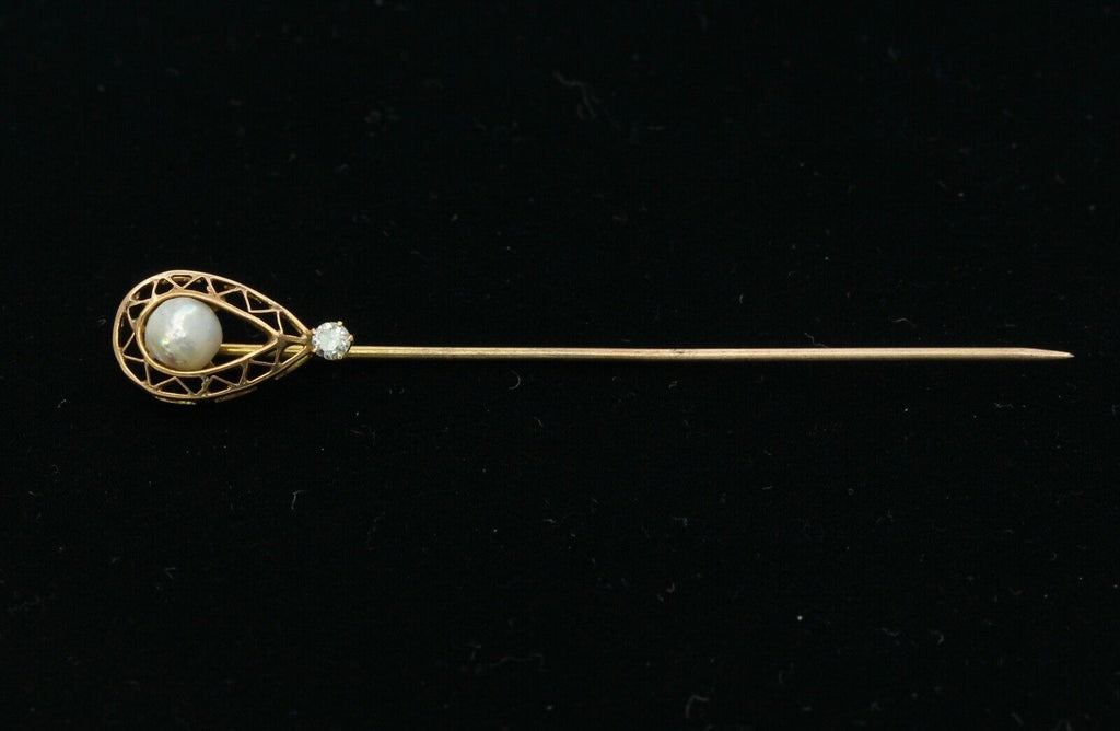 Victorian Ladies 14K Yellow Gold Pearl Diamond Stick Pin