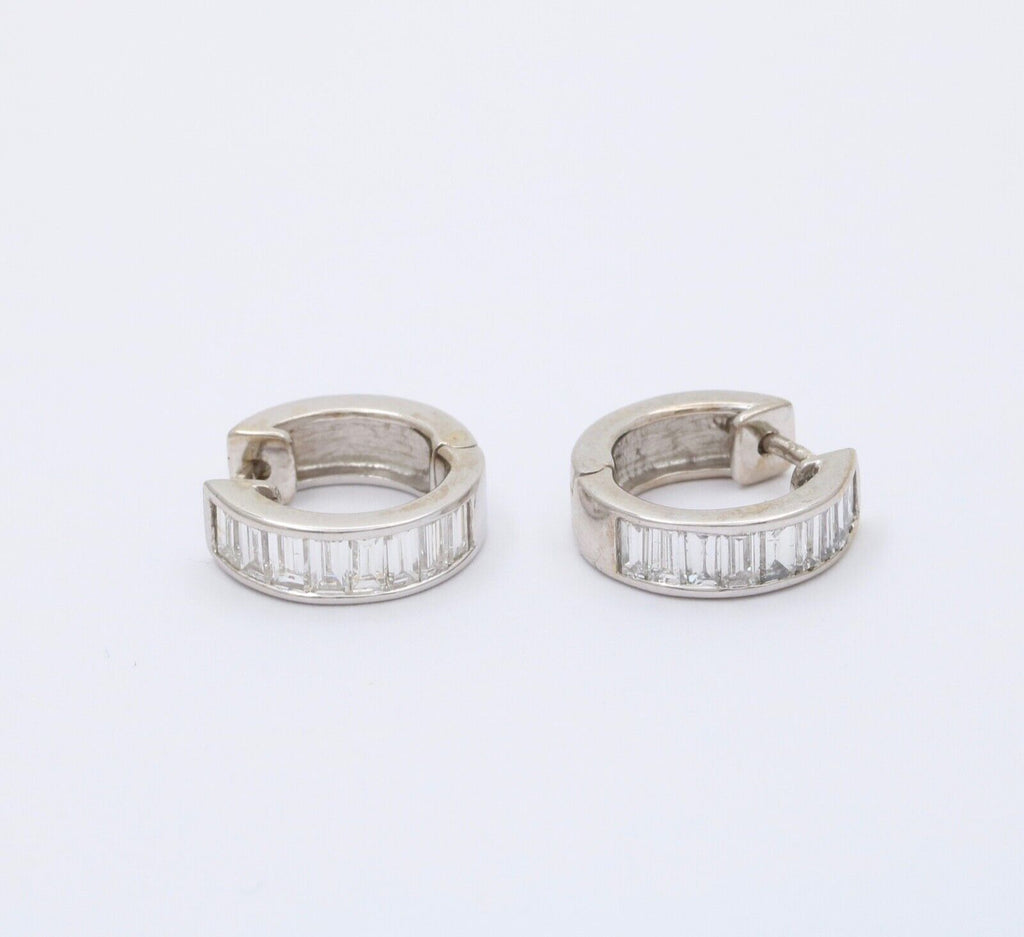 Vintage Baguette Diamonds 14K White Gold Huggie Earrings