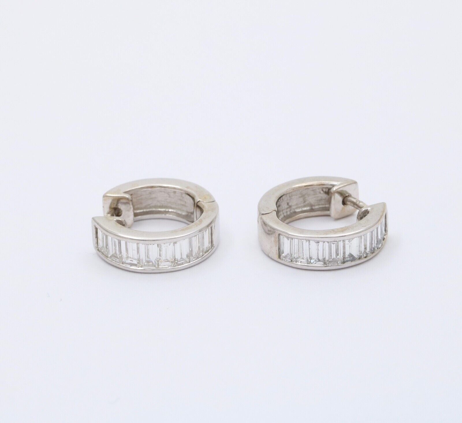 Vintage Baguette Diamonds 14K White Gold Huggie Earrings