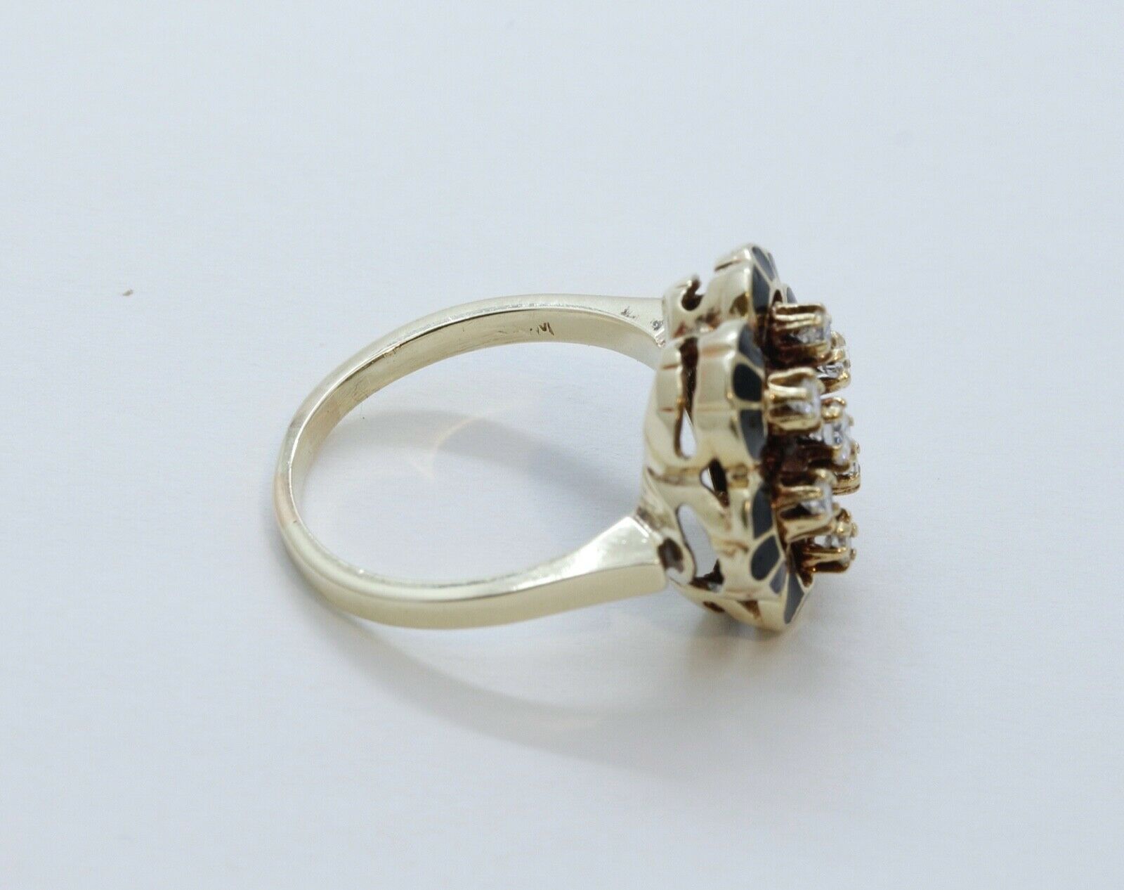 Victorian Diamonds 14K Yellow Gold Black Enamel Ring