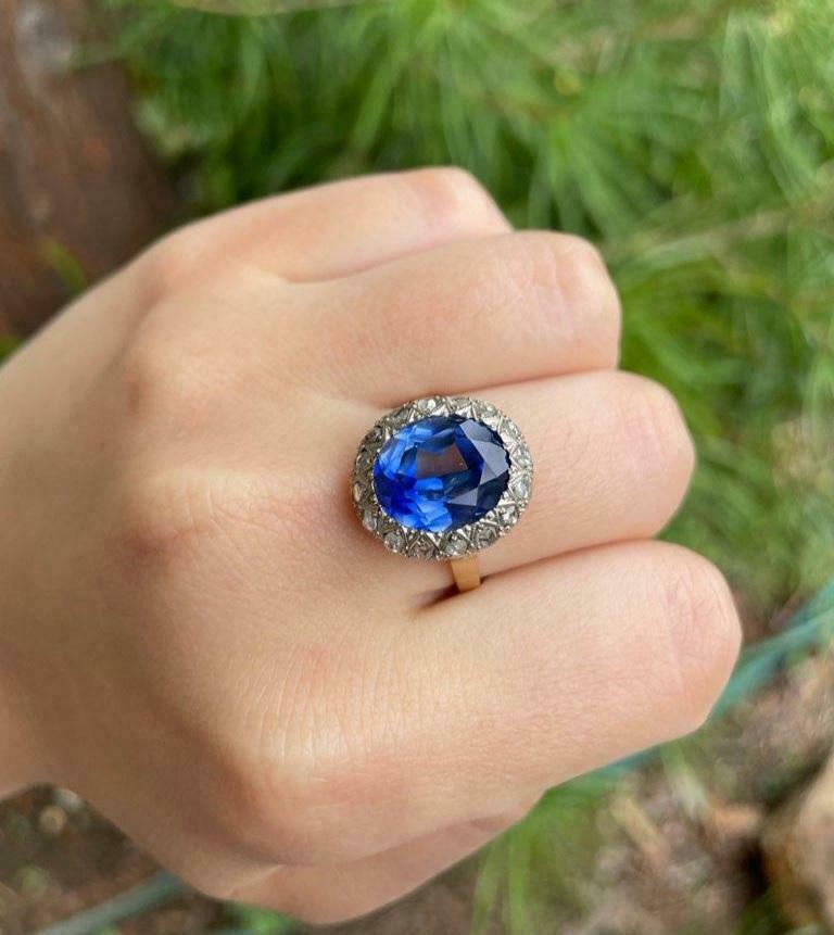 Victorian 18K Yellow Gold Rose Cut Diamond Sapphire Cocktail Ring