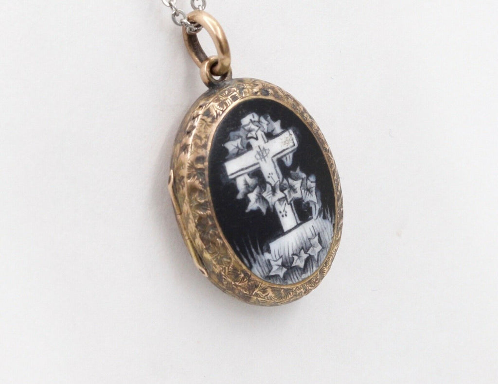 Victorian Mourning 10K Yellow Gold Enamel Cross Locket Pendant