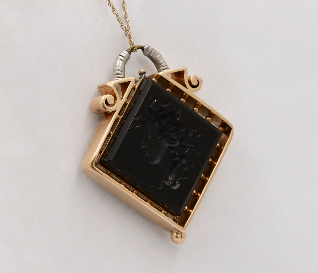Art Nouveau Intaglio Carved Onyx 14K Yellow White Gold Pendant