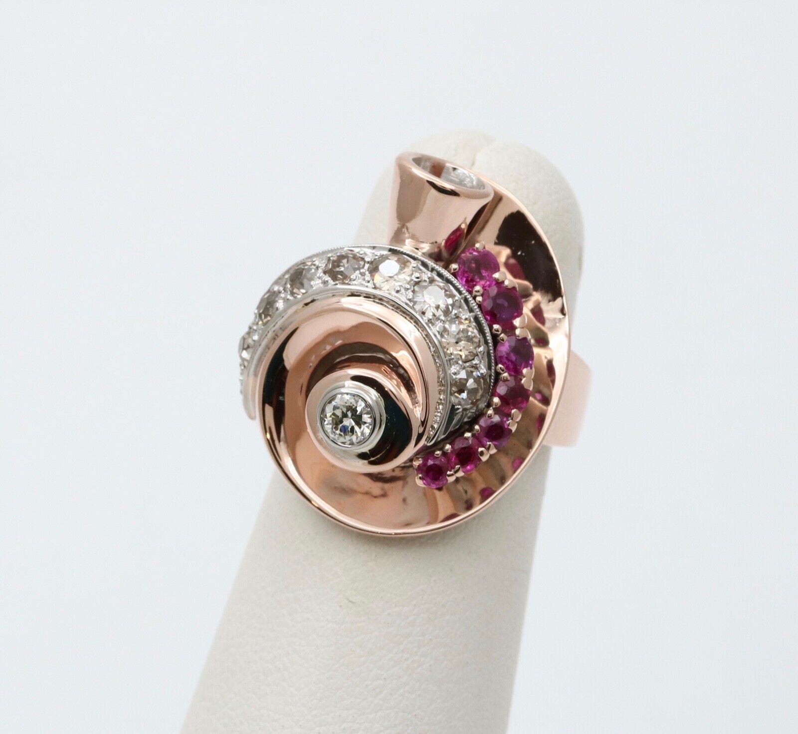 Retro 14K Rose & White Gold Diamond And Ruby Statement Spiral Ring