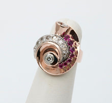 Load image into Gallery viewer, Retro 14K Rose &amp; White Gold Diamond And Ruby Statement Spiral Ring
