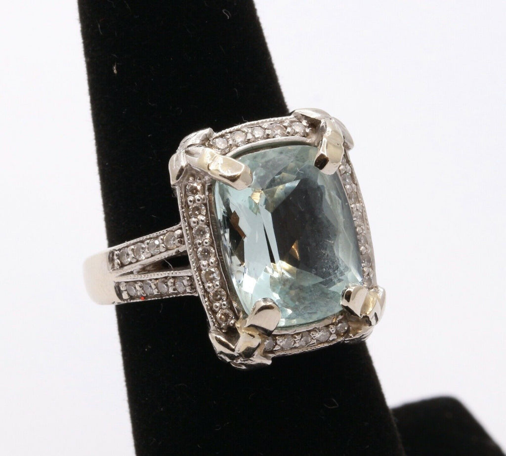 Vintage 14K White Gold Aquamarine Diamonds Ring