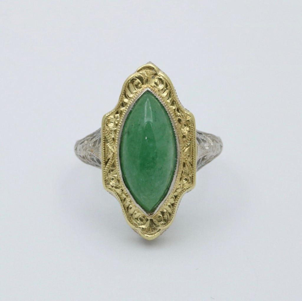 Art Deco 14K Gold Jade Navette Filigree Ring