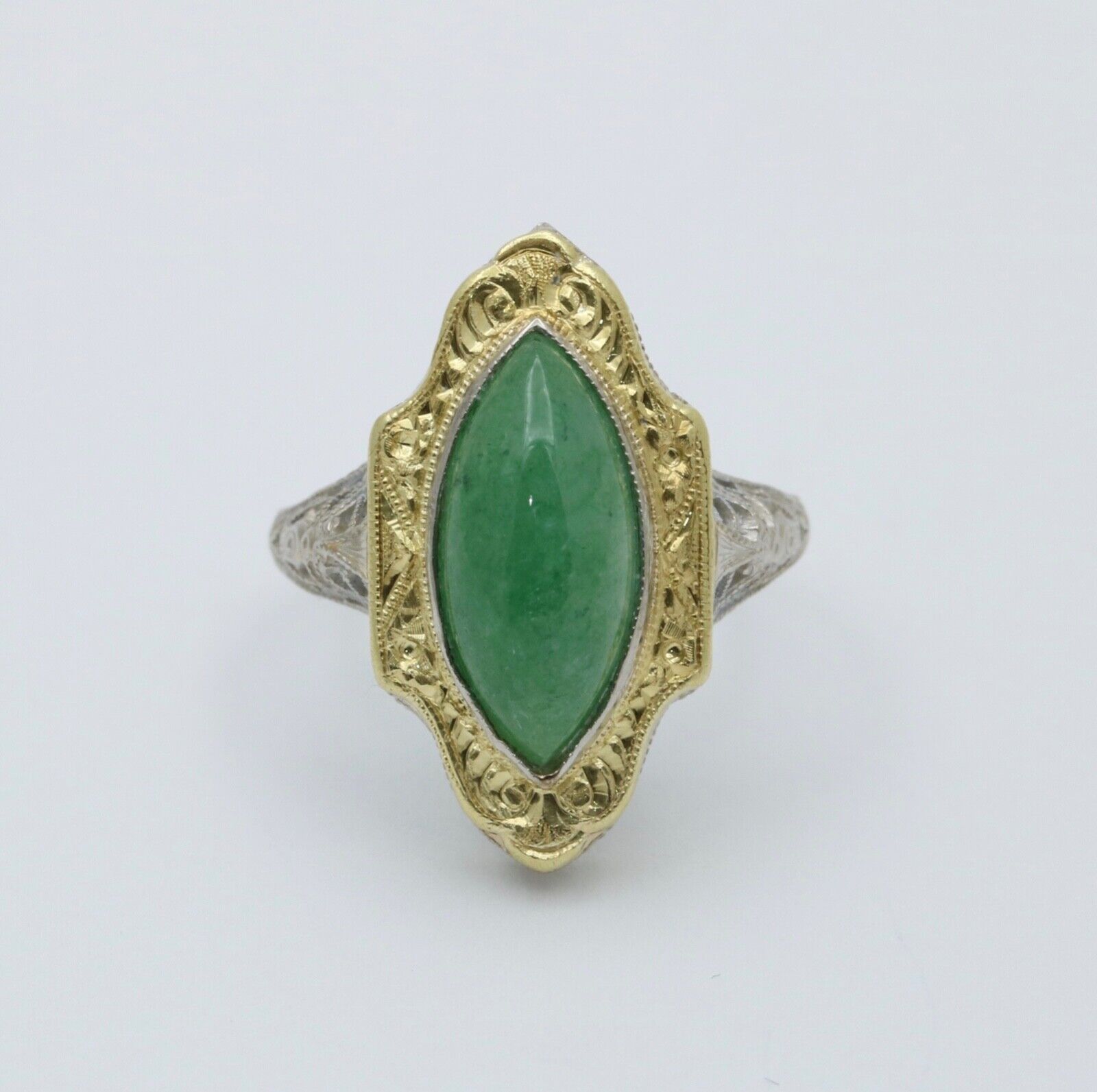 Art Deco 14K Gold Jade Navette Filigree Ring