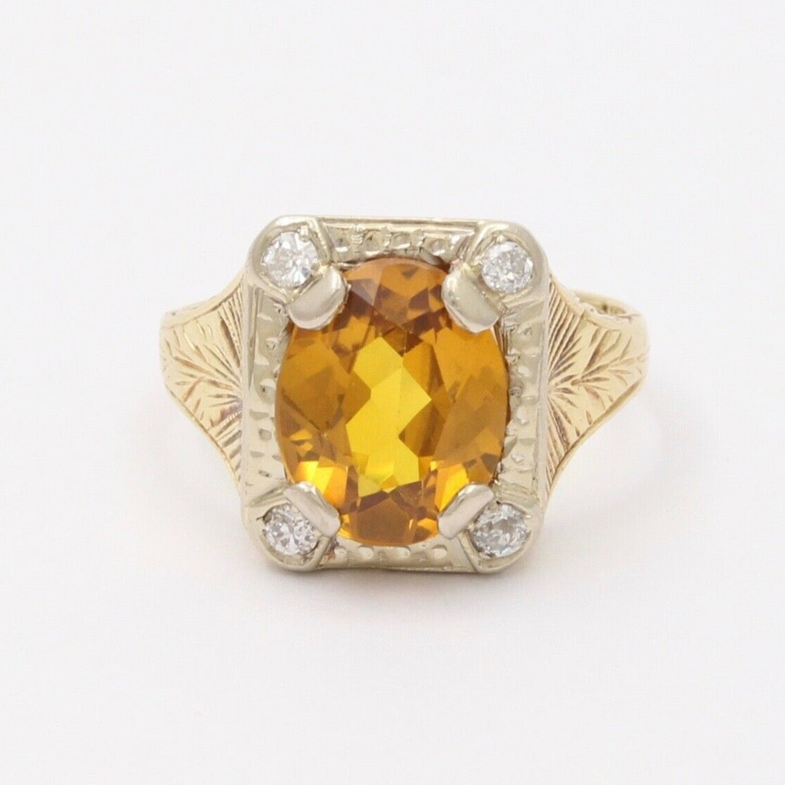 Art Deco Lemon Citrine Diamonds 14K Yellow White Gold Ring