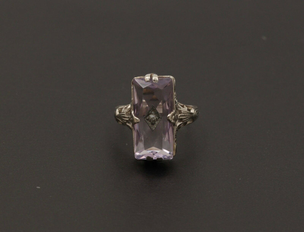 Art Deco Rose De France Amethyst Rose Cut Diamond 14K White Gold Ring