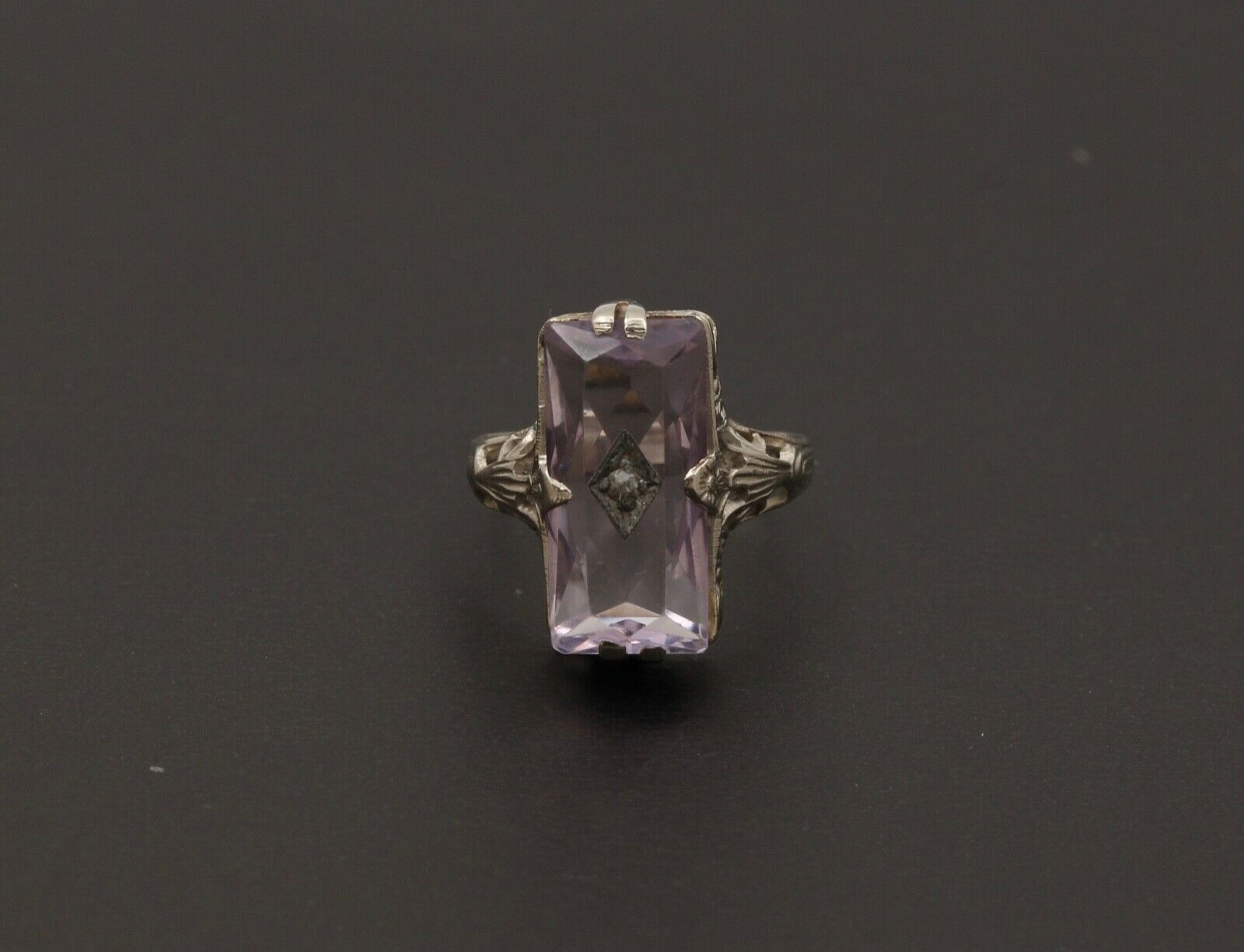 Art Deco Rose De France Amethyst Rose Cut Diamond 14K White Gold Ring