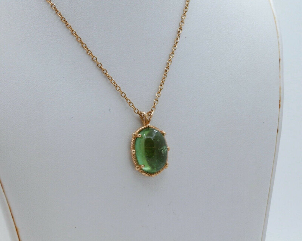 Vintage Cabochon Green Tourmaline 14K Yellow Gold Pendant