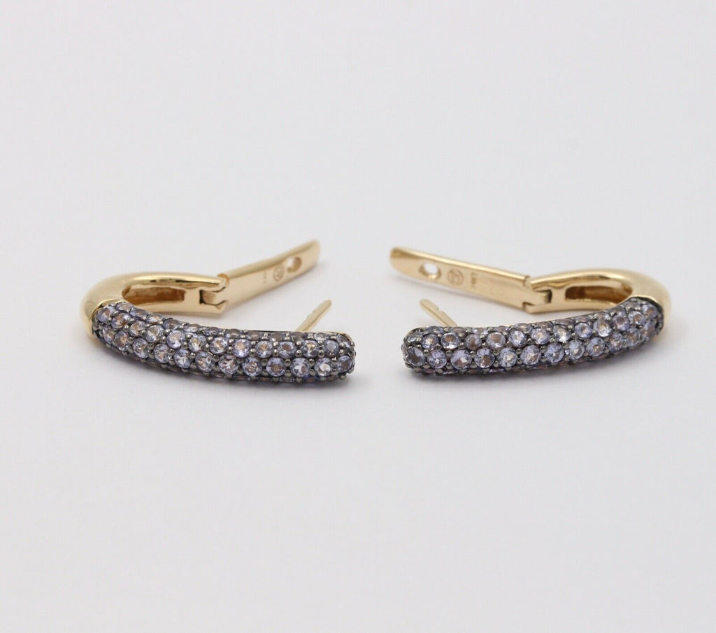Vintage Pave Tanzanite Hoop 14K Yellow Gold Earrings. Estate Jewelry.