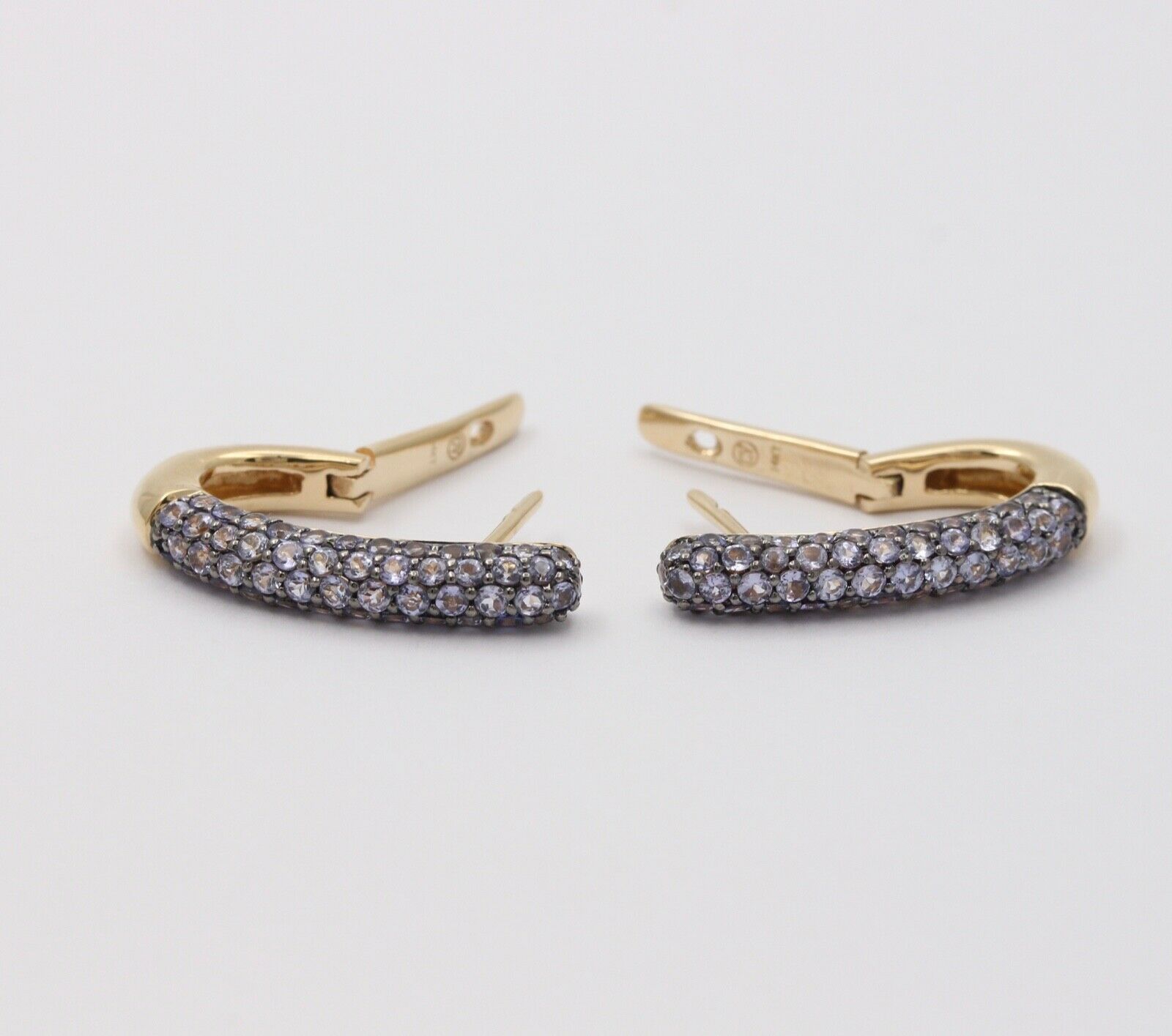 Vintage Pave Tanzanite Hoop 14K Yellow Gold Earrings. Estate Jewelry.