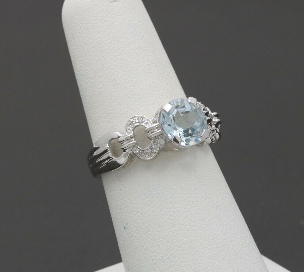 Vintage 14K White Gold Aquamarine Diamond Ring Band, Engagement Ring.