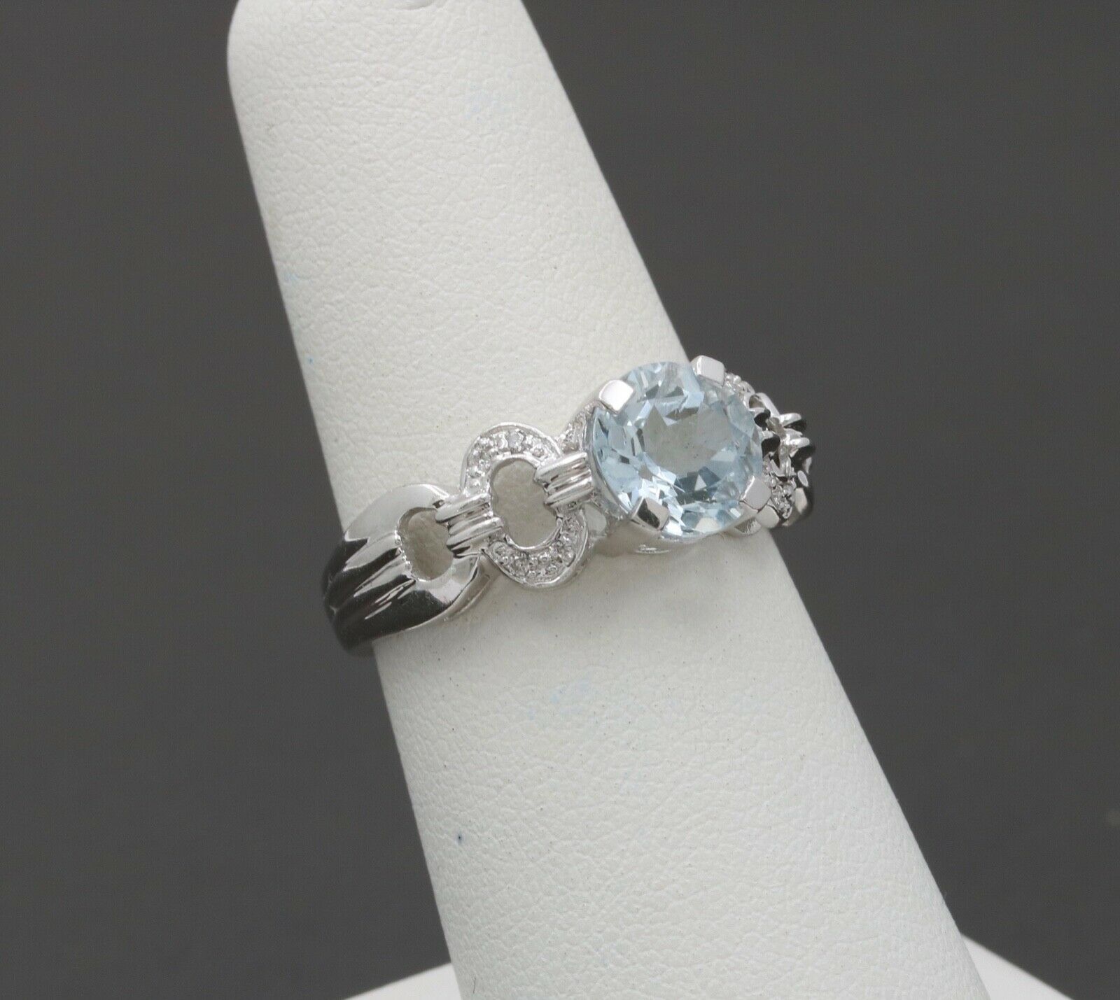 Vintage 14K White Gold Aquamarine Diamond Ring Band, Engagement Ring.