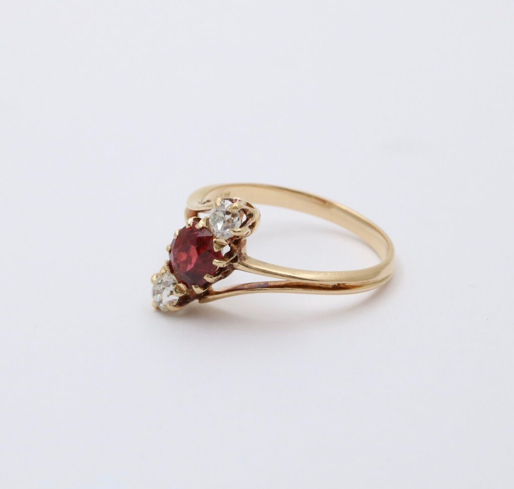 Antique 18K Yellow Gold Ruby And Diamond Bypass Three Stone Ring