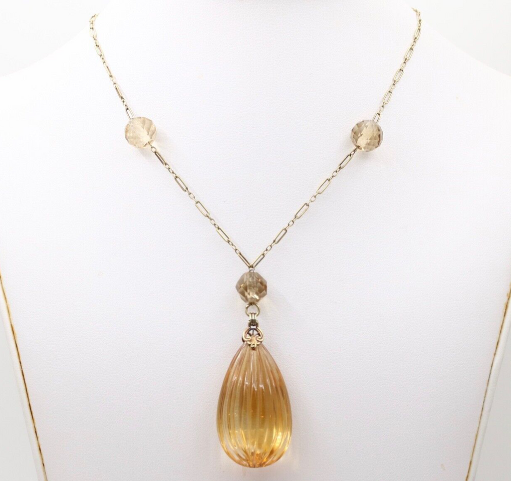 Vintage 14K Yellow Gold Carved Citrine Pendant and Necklace
