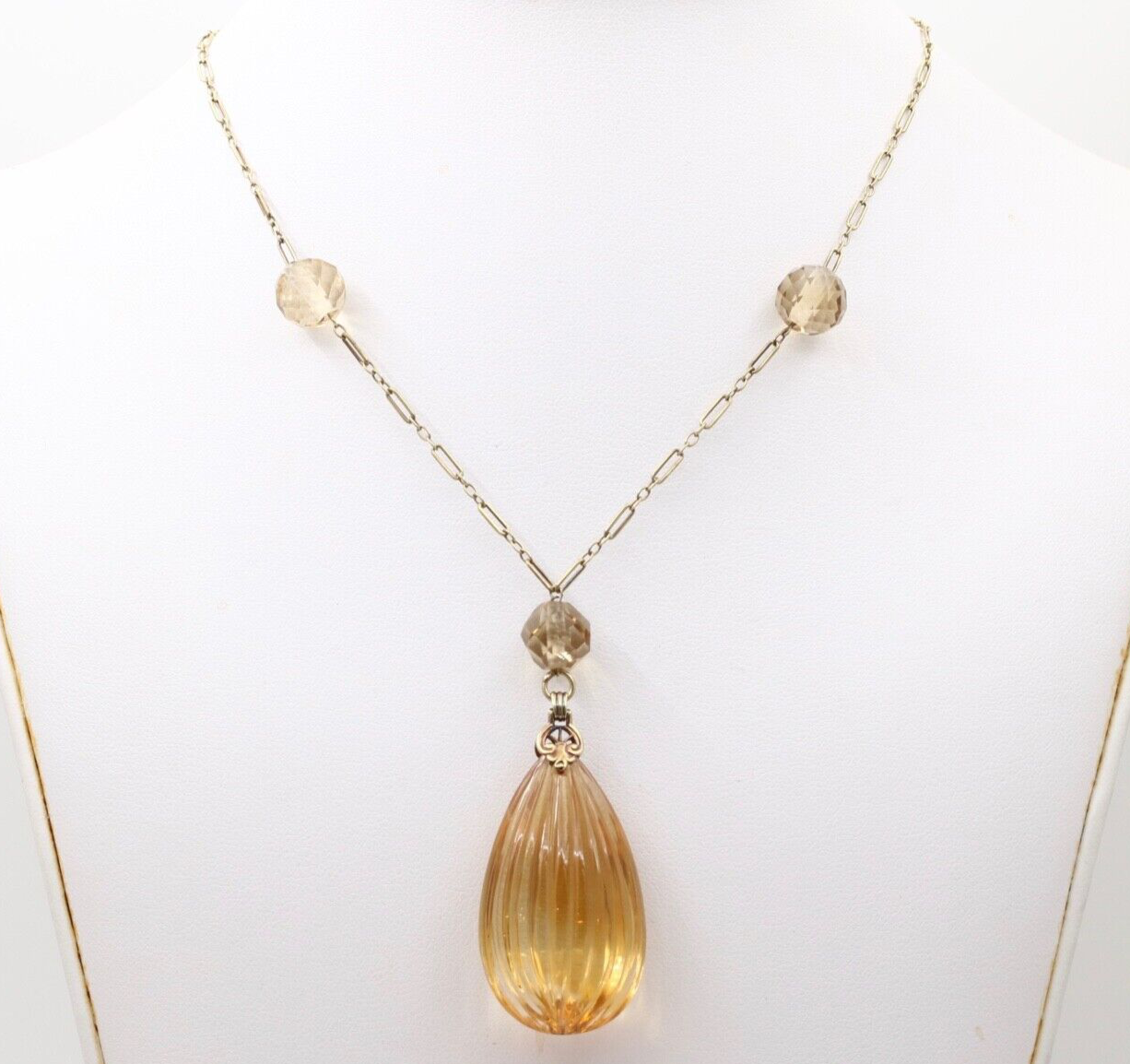 Vintage 14K Yellow Gold Carved Citrine Pendant and Necklace