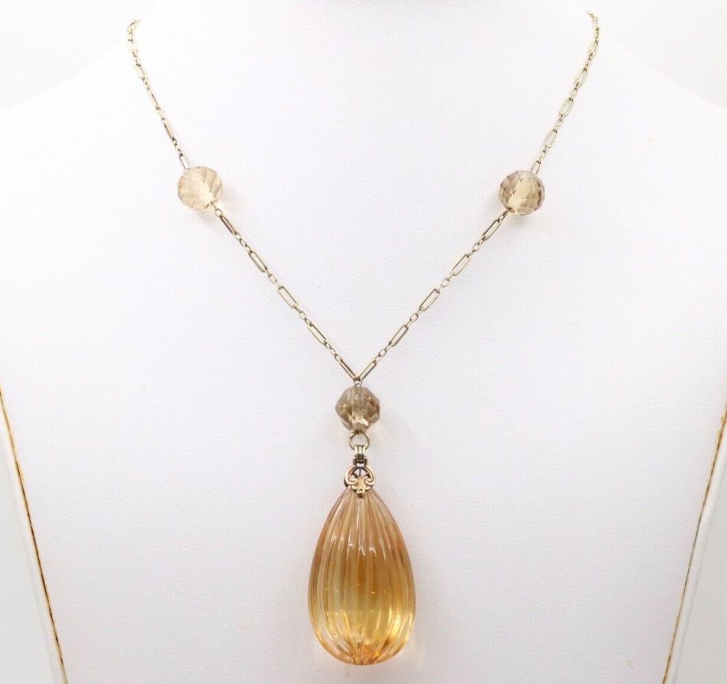 Vintage 14K Yellow Gold Carved Citrine Pendant and Necklace