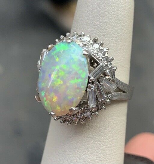 Vintage 1960's Australian Opal and Diamond 14K White Gold Statement Ring