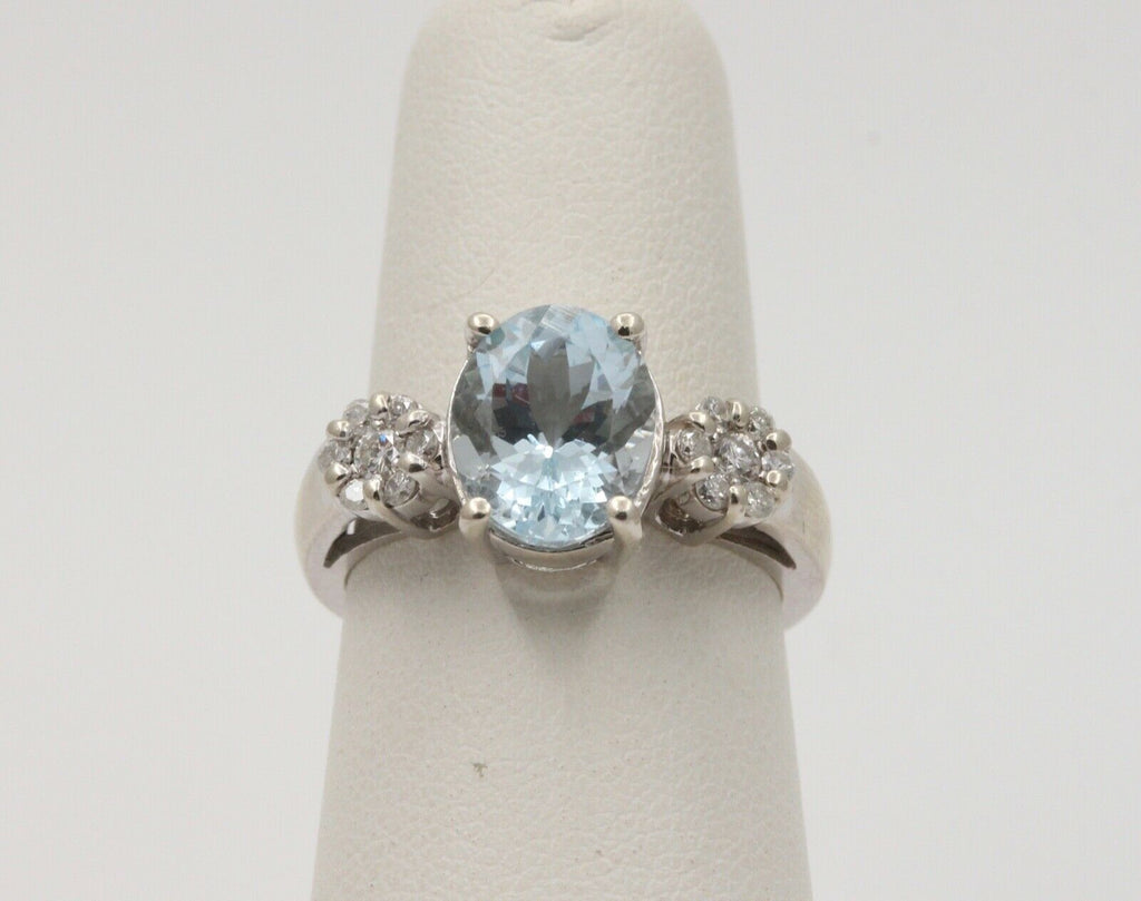 Vintage Oval Aquamarine Diamonds 14K White Gold Ring
