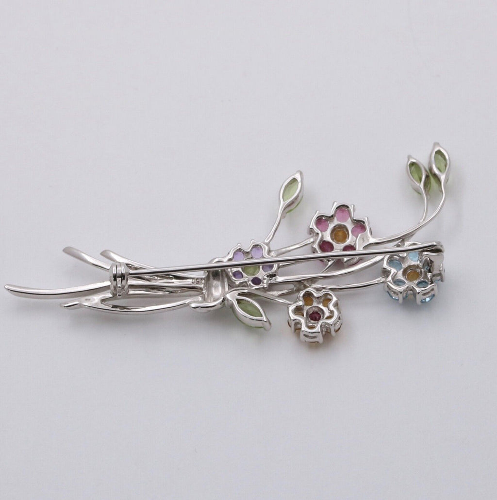Vintage Flower Bouquet Multi Stone 14K White Gold Brooch