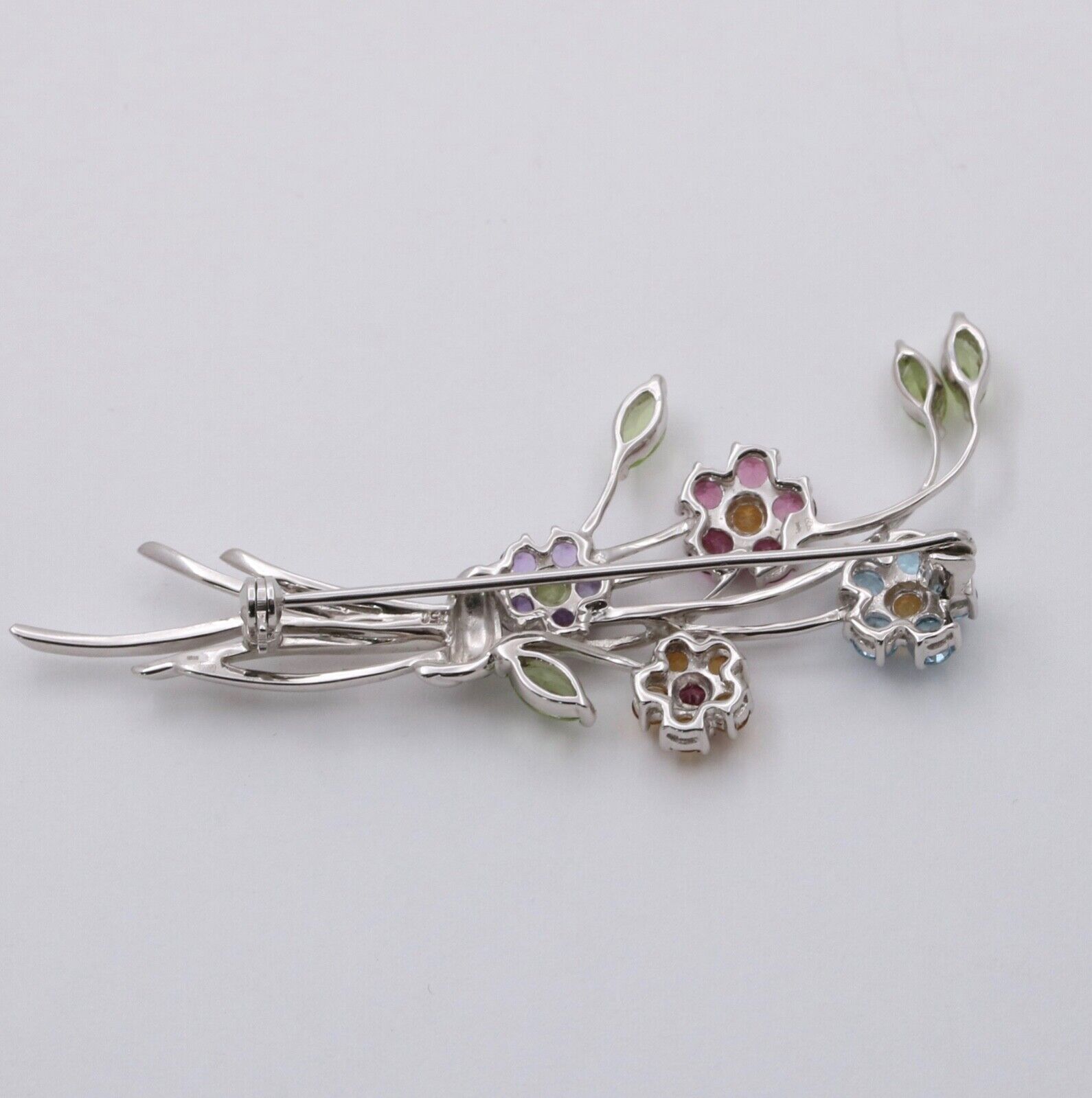 Vintage Flower Bouquet Multi Stone 14K White Gold Brooch