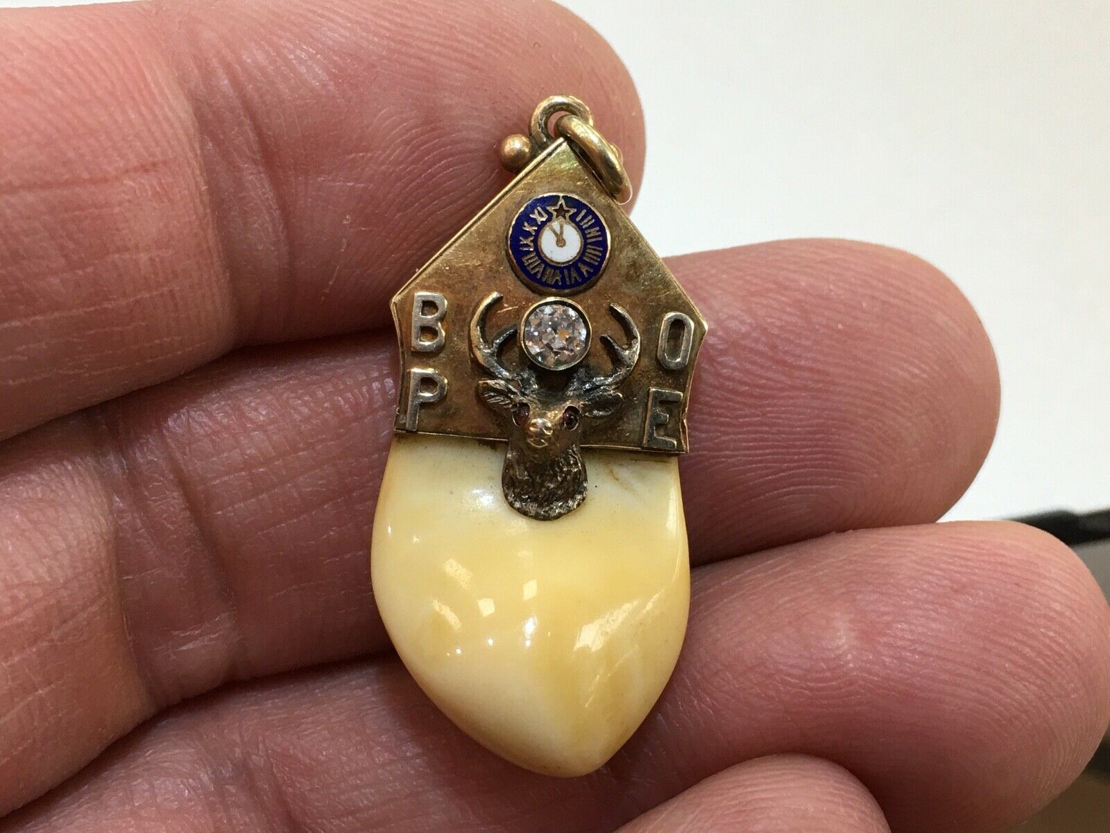 Benevolent and Protective Order of Elks 10K Diamond Enamel Clock FOB Pendant