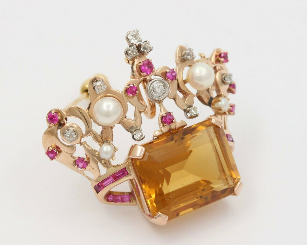 Vintage Retro 14K Rose Gold Royal Crown Citrine Ruby Diamond Pearl Brooch