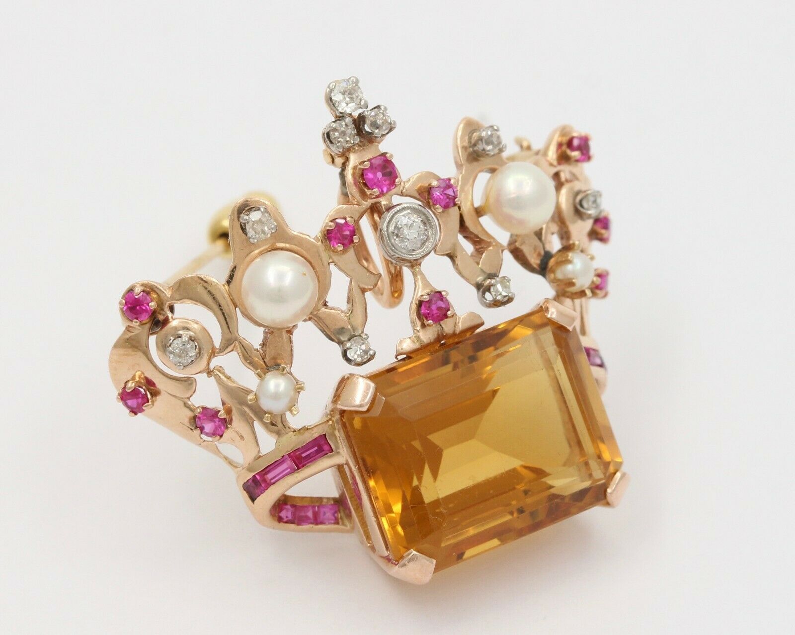 Vintage Retro 14K Rose Gold Royal Crown Citrine Ruby Diamond Pearl Brooch