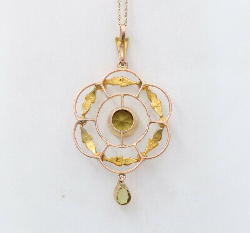 Art Nouveau Peridot Seed Pearls 9 Carat Pendant