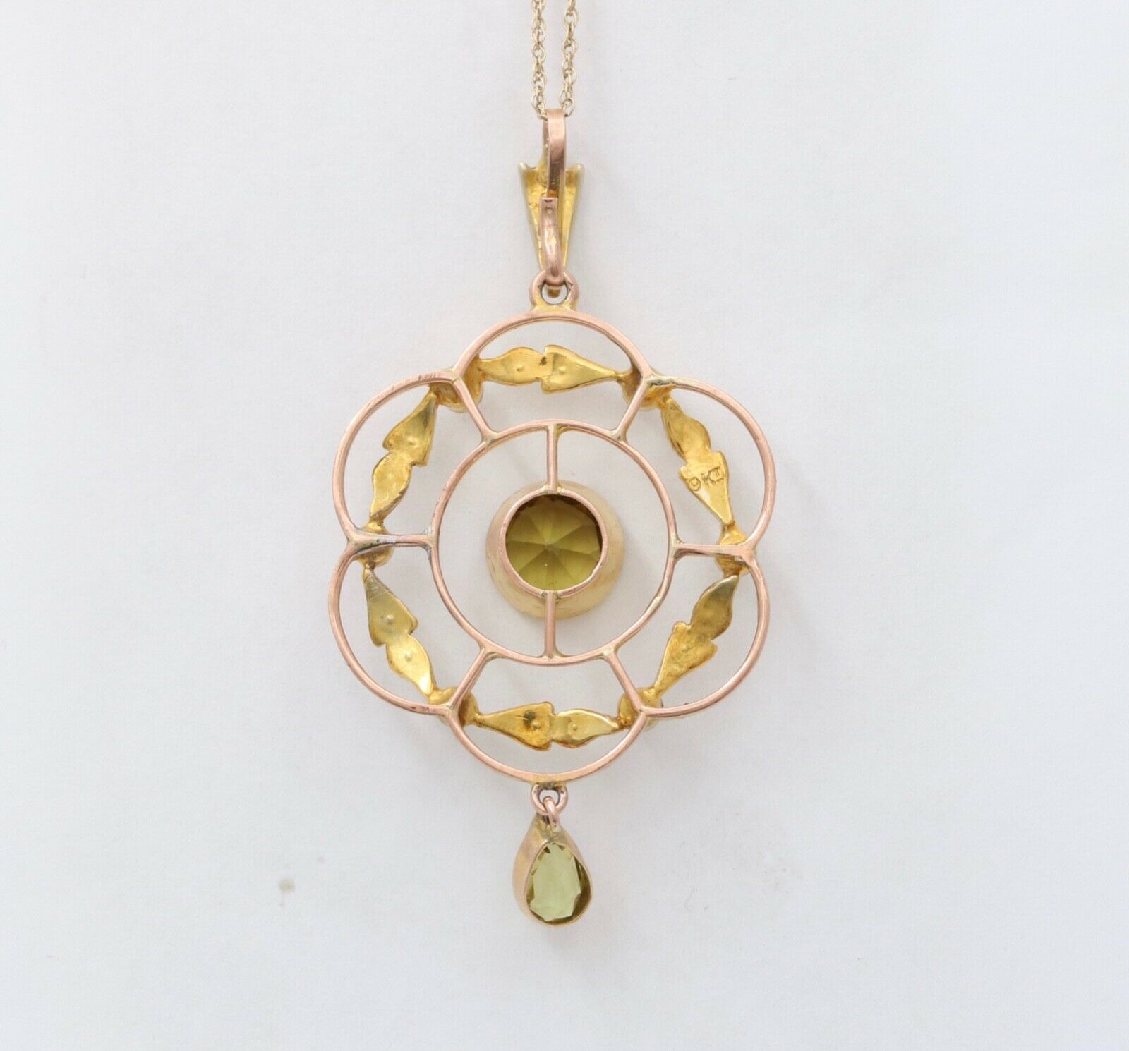 Art Nouveau Peridot Seed Pearls 9 Carat Pendant