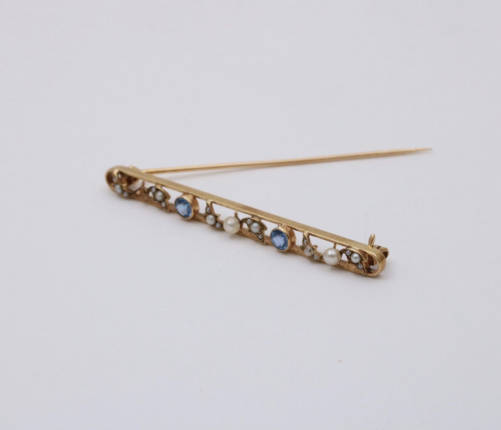 Antique Art Deco 14K Yellow Gold Sapphire & Pearl Bar Pin.